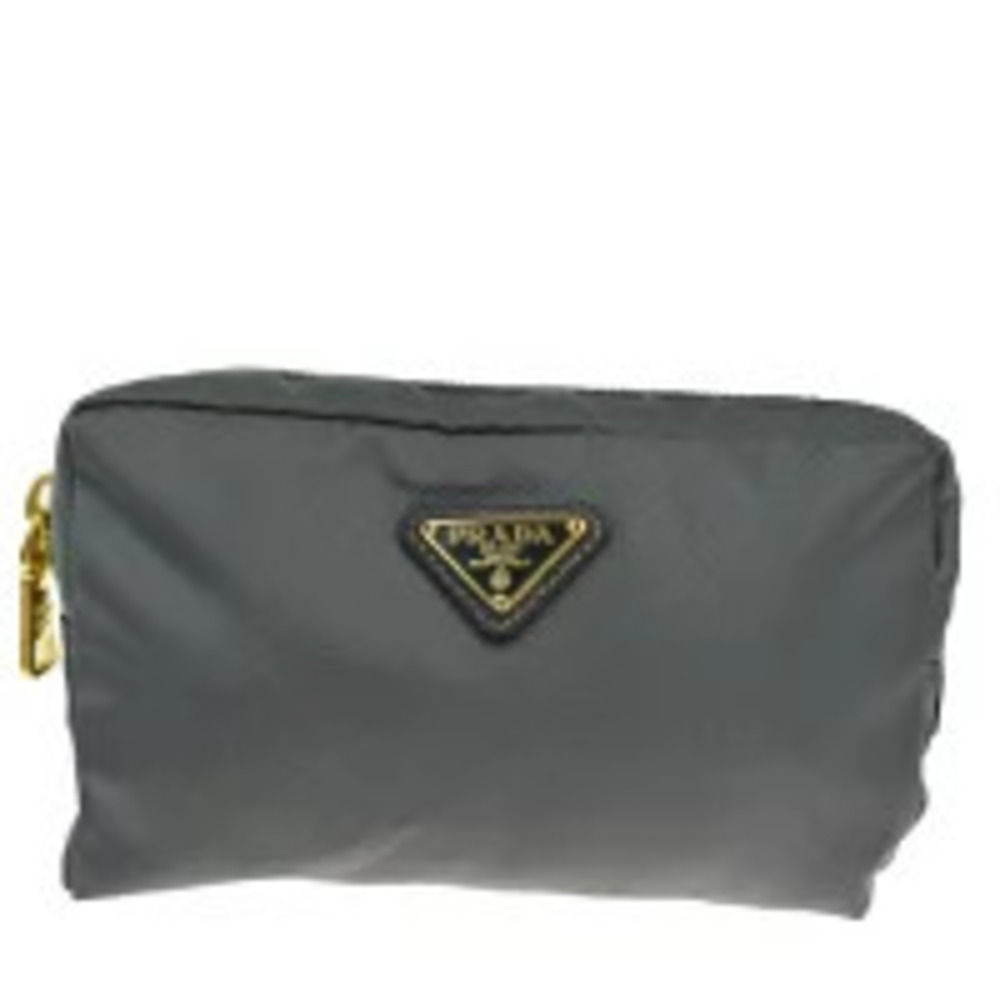 Prada Cosmetic Pouch Clutch Makeup Bag Gray Leather